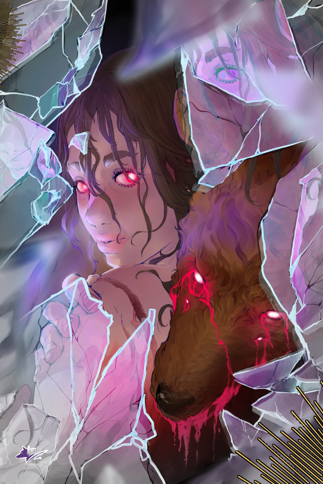 Displate Art – by Soliska / by Affuepper Jessica. A woman with her wolf, standing behind shattered glass. Both their eyes glow a bright red.