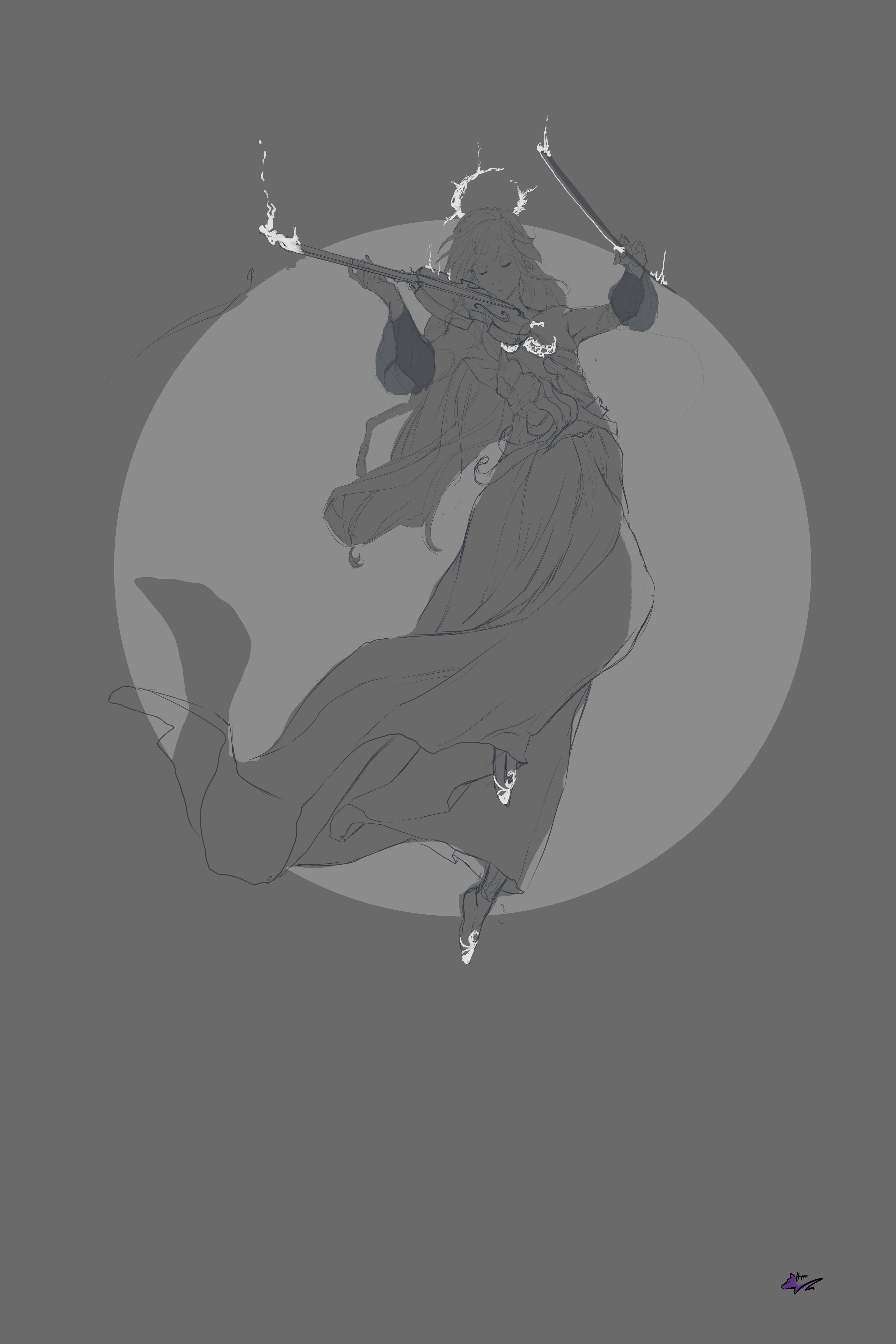 Ranyue concept sketch for a character dancing before a reddened moon. In his hands, a violin. It is the base setup for the following steps.