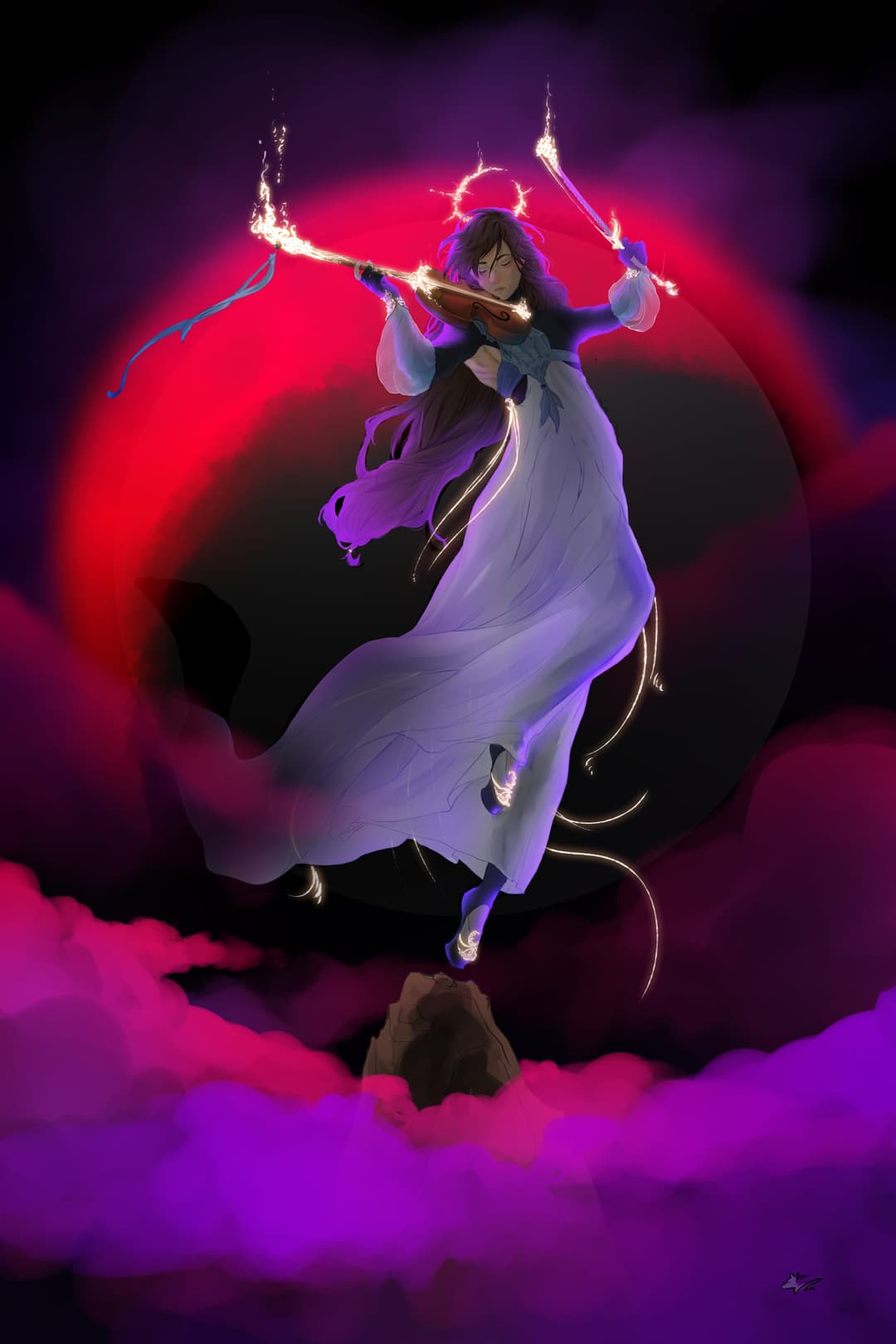 Ranyue concept coloured version for a character dancing before a reddened moon. In his hands, a violin. It is the base setup for the following step.