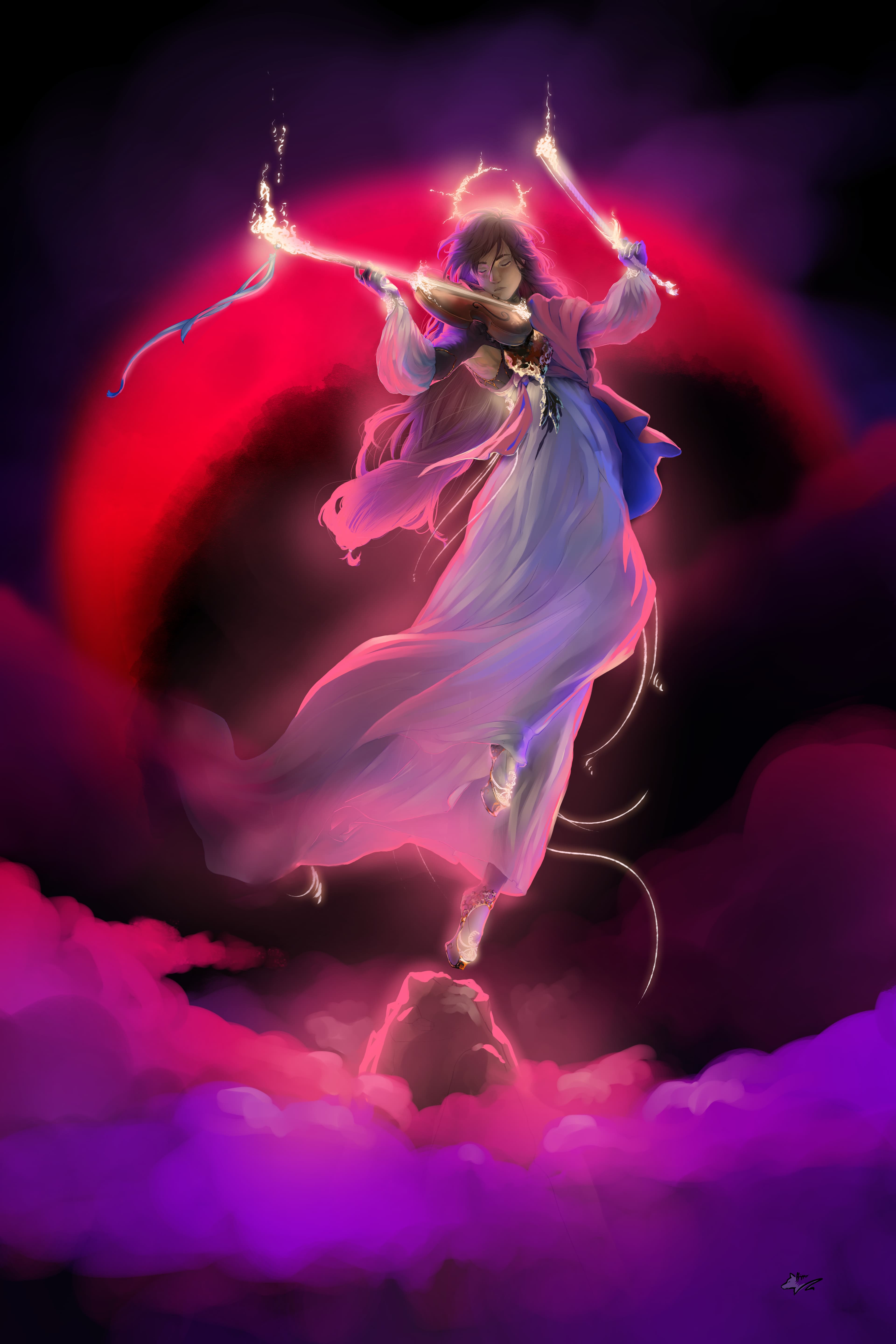 Ranyue concept, rendered version of a character named "Ranyue," dancing before a reddened moon. In his hands, a violin. This serves as the base setup for the final step.
